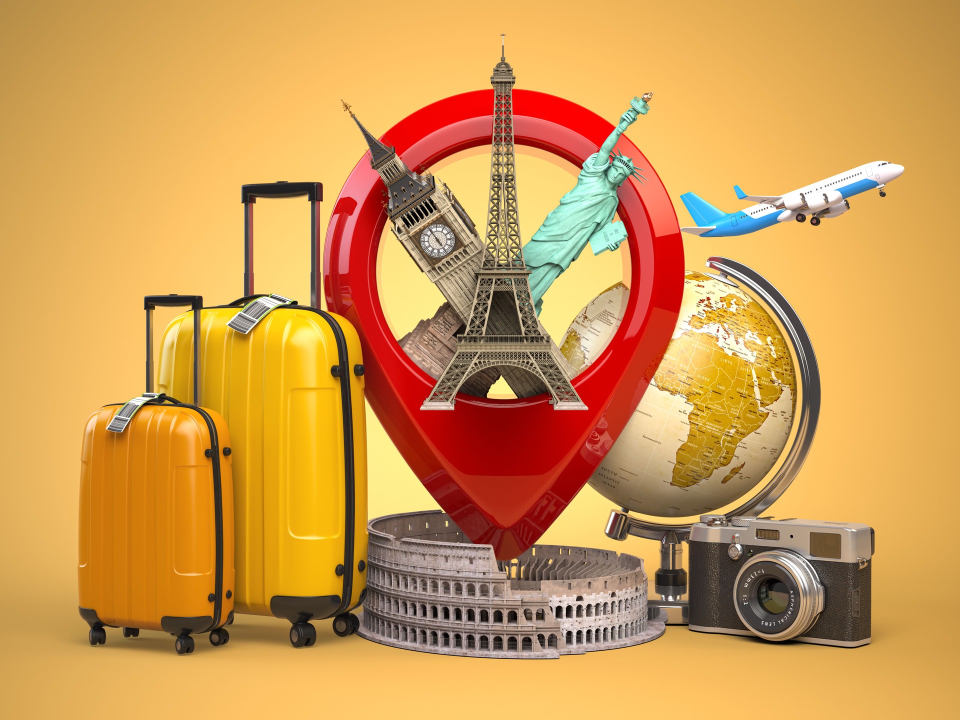 Tourism and travel concept. Pin pointer with famous tourist attractions, camera, suitcases and airplane. Eiffel tower, big ben, statue of liberty and coliseum.
