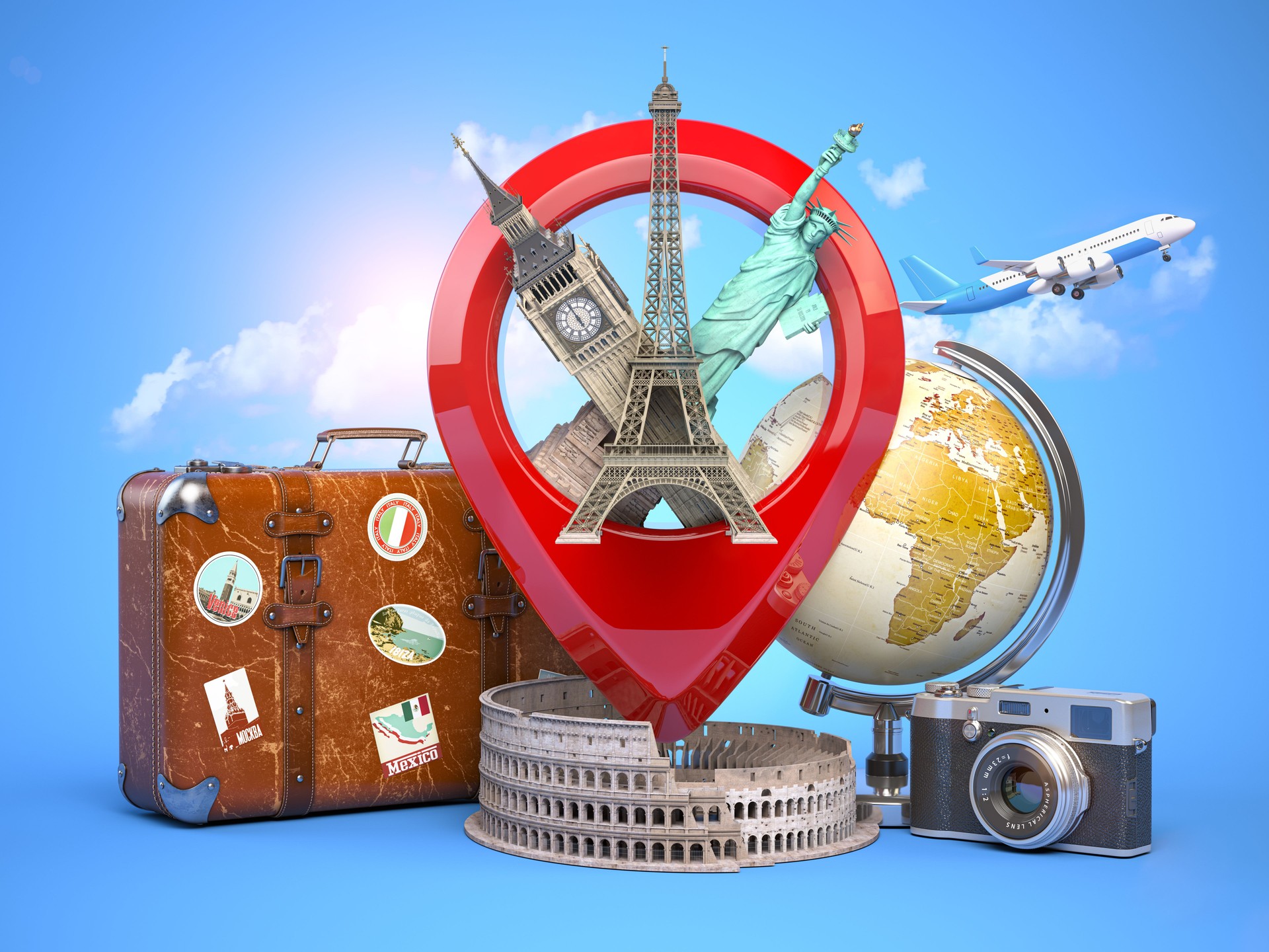 Travel and tourism concept. Pin pointer with famous tourist attractions, camera, suitcase and airplane. Eiffel tower, big ben, statue of liberty and coliseum.